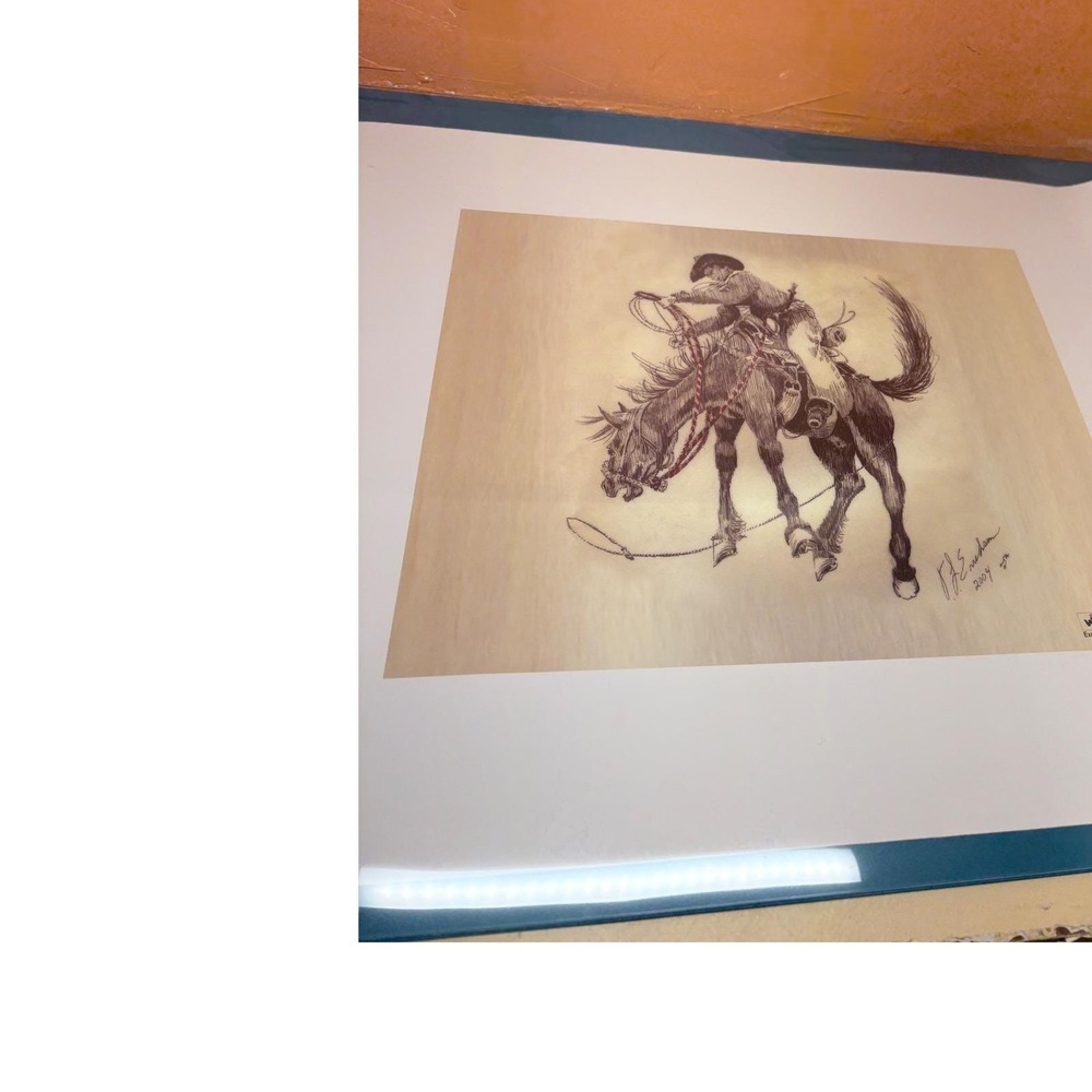 Vtg. 2004 Victor L. Erickson Cowboy Bucking Bronco Horse Pen & Ink Art Boogers